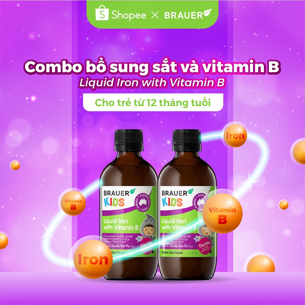 Combo 2 IronB - Brauer Kids Liquid Iron with vitamin B bổ sung Sắt và vitamin B cho trẻ từ 1 tuổi (200ml)