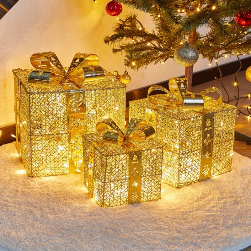 Set 3 Hộp Quà Trang Trí Cây Thông Noel Có Đèn LED Phát Sáng