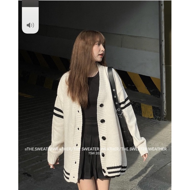 Áo Khoác Cardigan form rộng chất nỉ màu TRẮNG 2 sọc