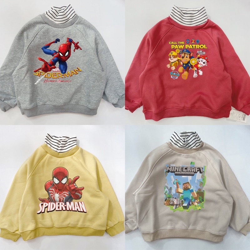 Áo nỉ lót nhung cổ lọ Spiderman paw patrol Minecraft cho bé
