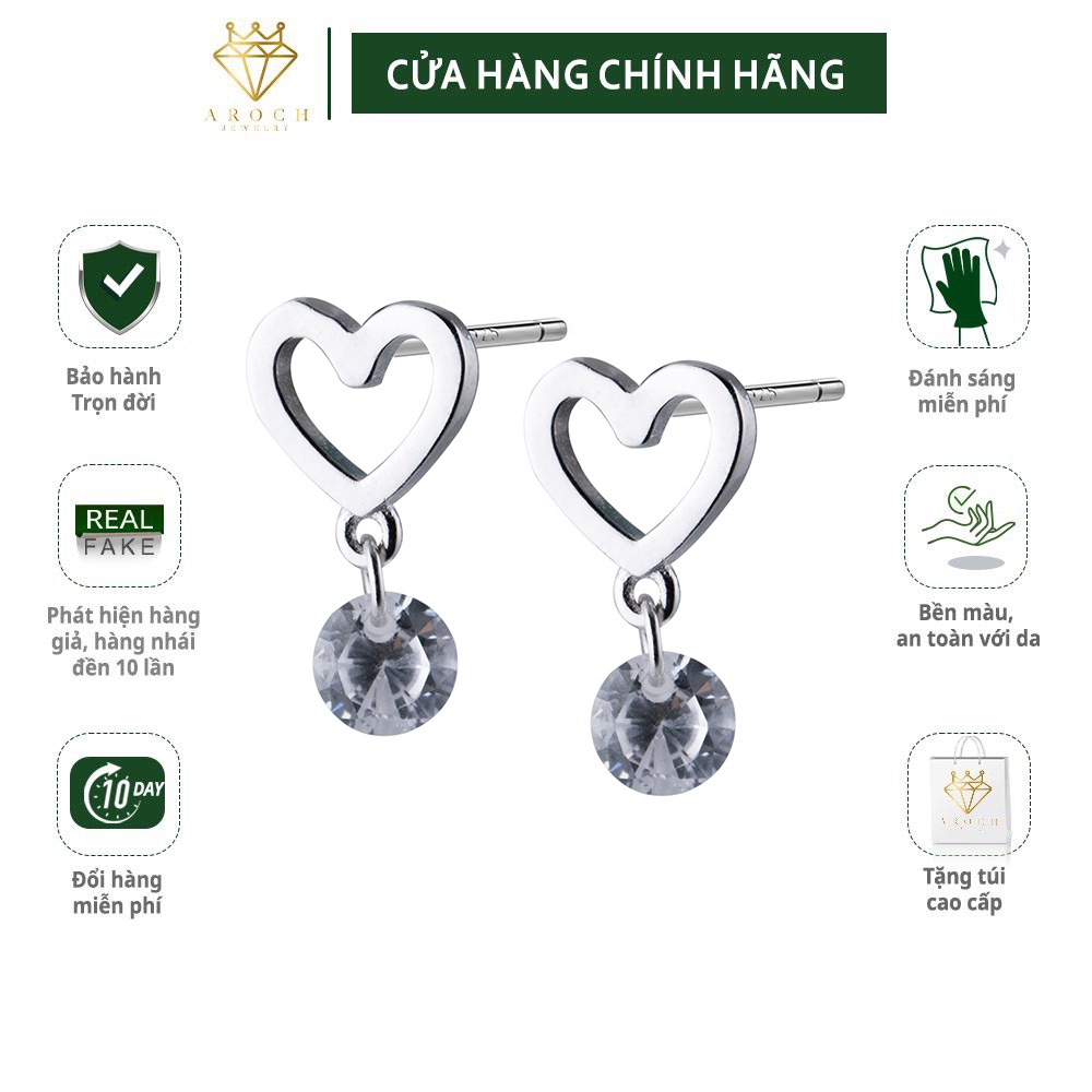 Khuyên tai bạc Ý s925 Tim rỗng thả đá E2113 - AROCH Jewelry
