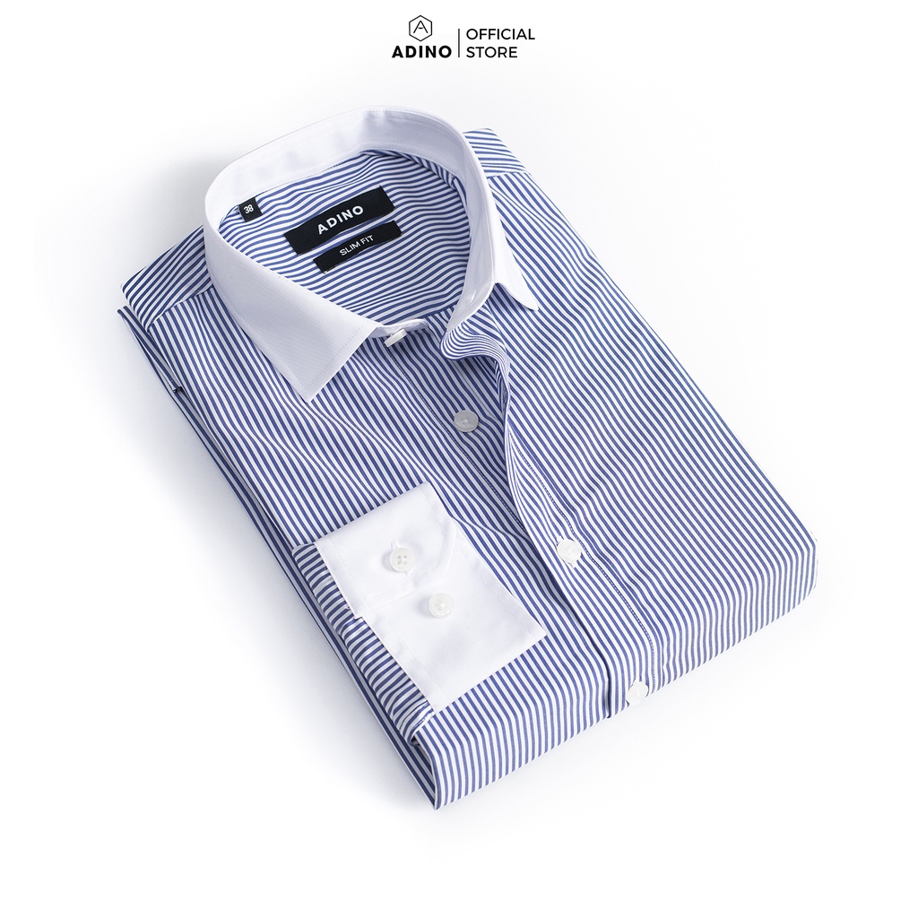Áo sơ mi nam kẻ sọc xanh phối cổ trắng ADINO vải polyester mềm mịn mát không nhăn dáng slimfit công sở trẻ trung SM11