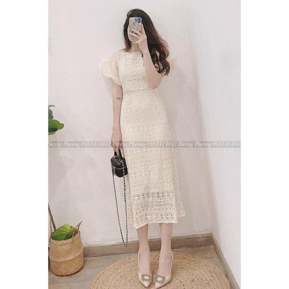 Đầm midi nude ren hoa phối tay cánh tiên voan 2 lớp dự tiệc dáng đuôi cá dịu dàng