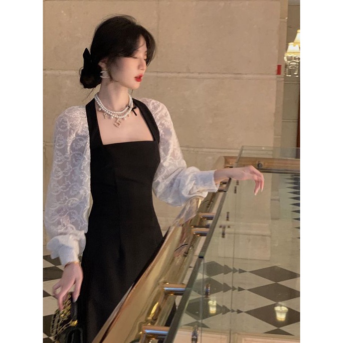 Đầm Dài Cổ Vuông Phối Ren Họa Tiết Bướm Phong Cách Pháp Thanh Lịch Thời Trang Mùa Thu Cho Nữ