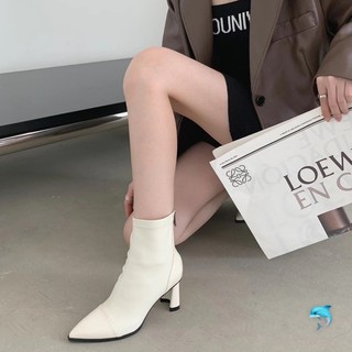 giày bốt nữ mũi nhọn vá gót 7cm boots da mềm fullbox
