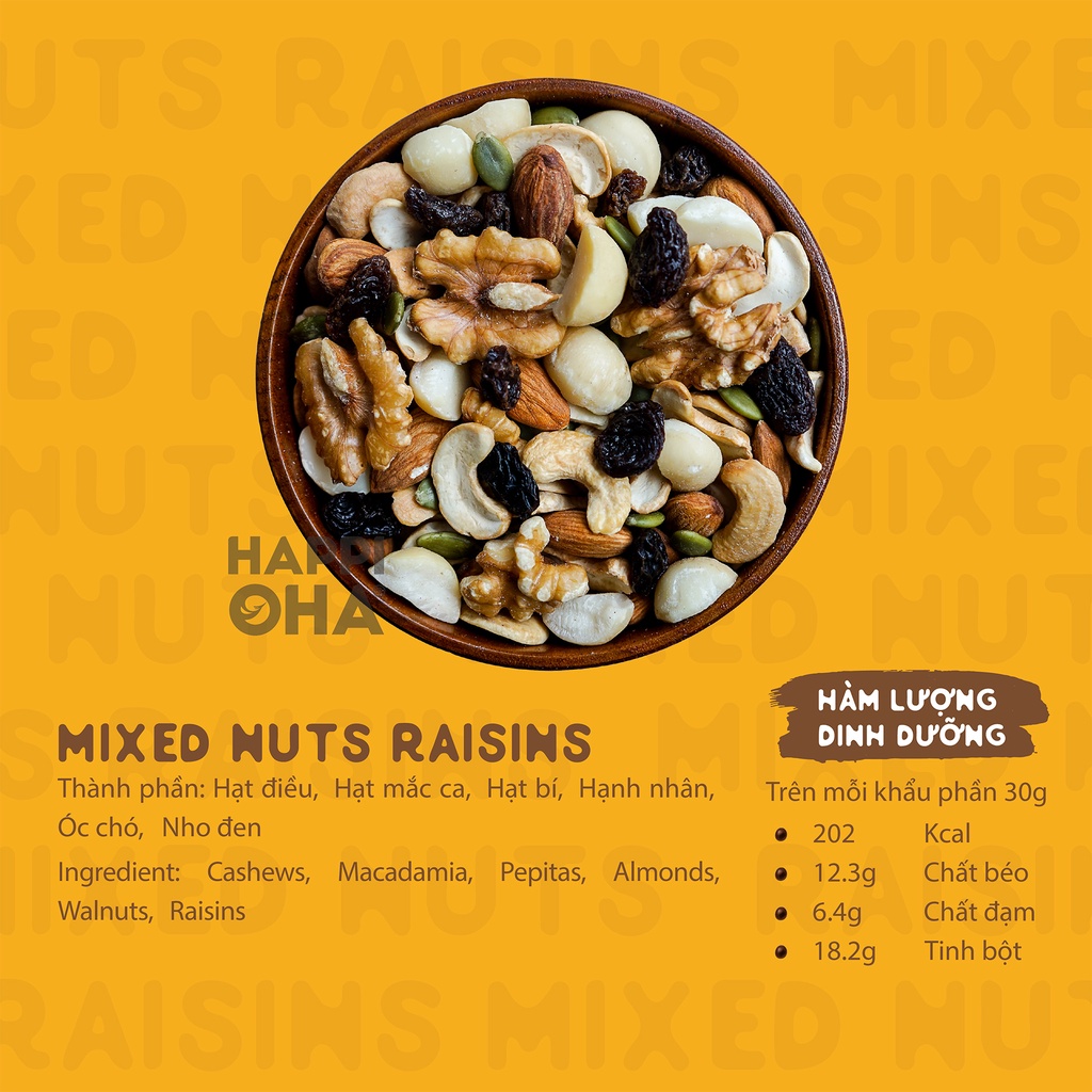 Mixed Nuts Raisins - Hỗn hợp 6 Loại Hạt Trái HAPPI OHA Túi Dùng Thử 30g