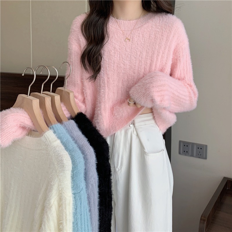 Áo Sweater Dệt Kim Dày Dáng Rộng Ngắn Thời Trang Mùa Đông Cho Nữ