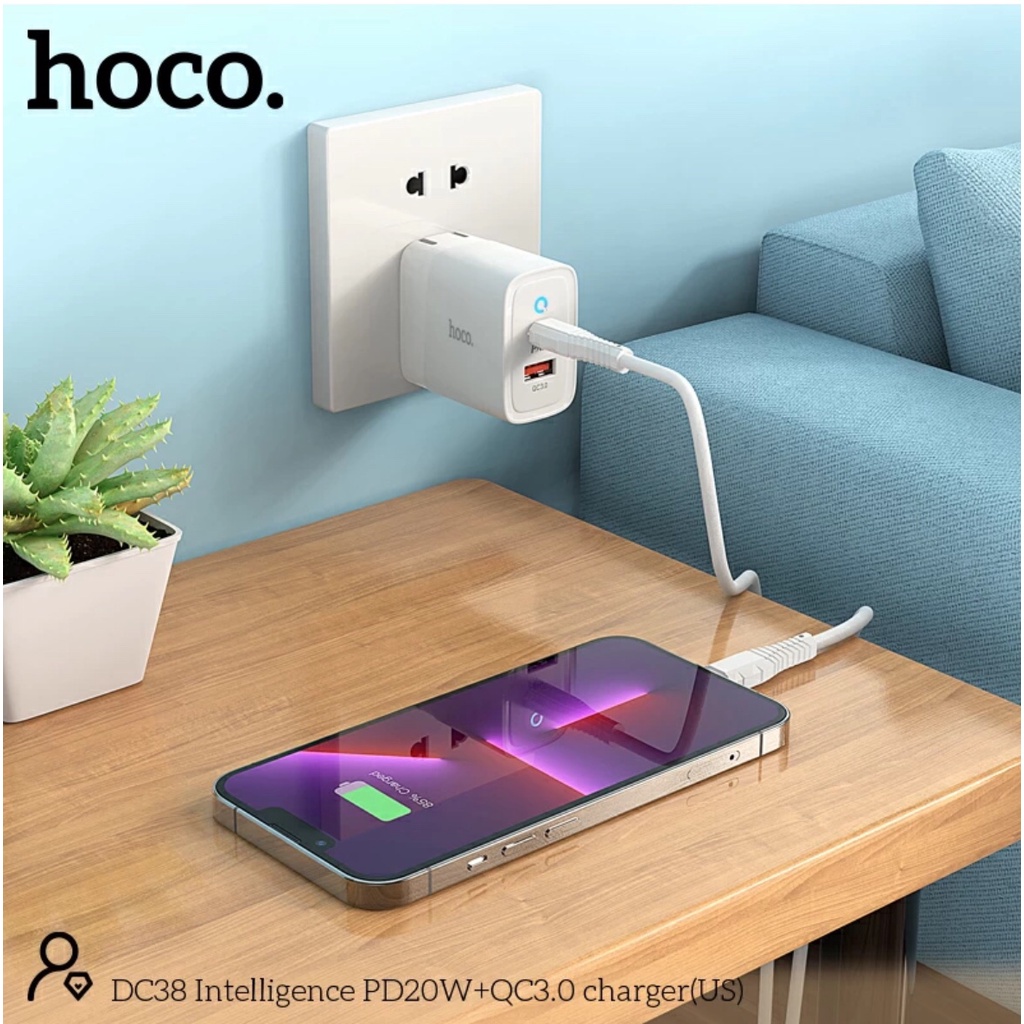 Củ Sạc Hoco DC38, 1xPD 20w, 1xUSB 18w, báo đèn, chân gập, Sạc Nhanh, Gía Tốt