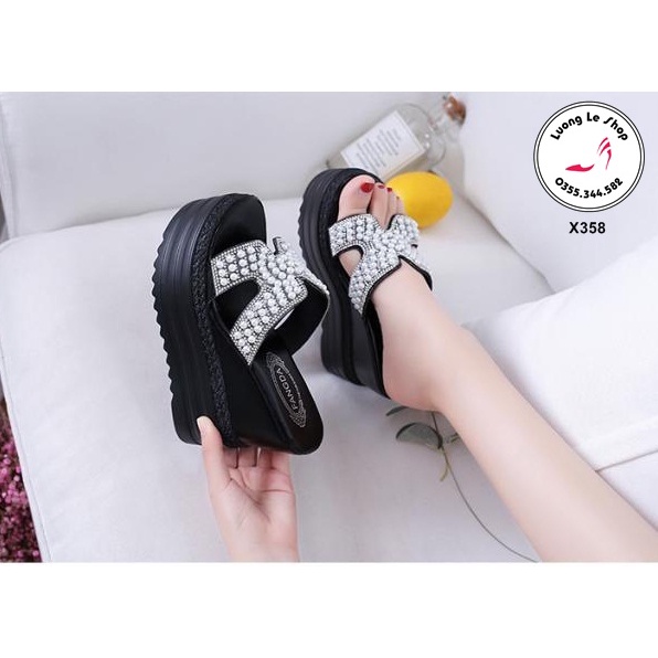 Dép đế xuồng 12cm quai chữ H đính ngọc 2 màu đen trắng X358
