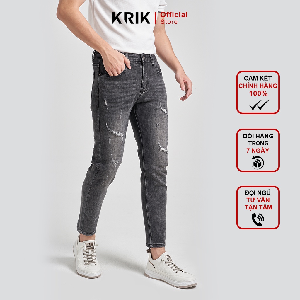 Quần Jean Nam Local Brand KRIK Dáng Slimfit Hàn Quốc, Màu Đen Rách Xước Tạo Điểm Nhấn Cá Tính, Mạnh Mẽ QJ0288