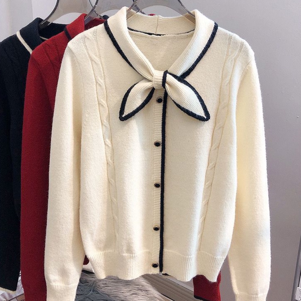 Áo Khoác Cardigan Dệt Kim Cổ Thắt Nơ Phong Cách Mới Thu Đông Dành Cho Nữ @ -