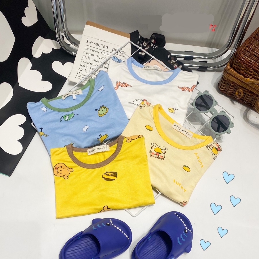 [0-8 tuồiBộ quần áo tay lỡ vải thun lạnh mềm mịn, mát da hiệu MINKY MOM cho bé trai, bé gái 0,1,2,3,4,5,6 tuổi