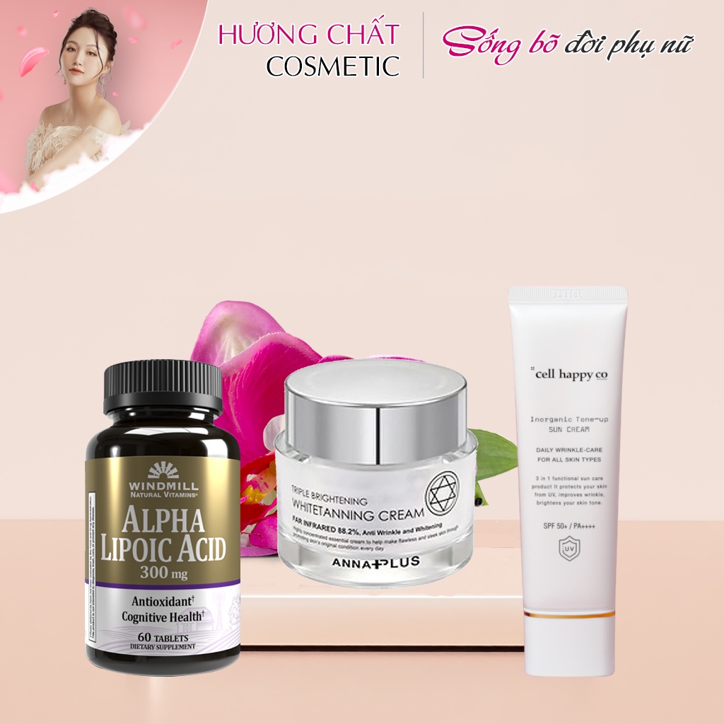 Bộ 3 dưỡng da (Kem Nám Kích Trắng Da Anna Plus 50ml + Kem Chống Nắng CellHappyCo + Viên Alpha Lipoic Acid 300mg)