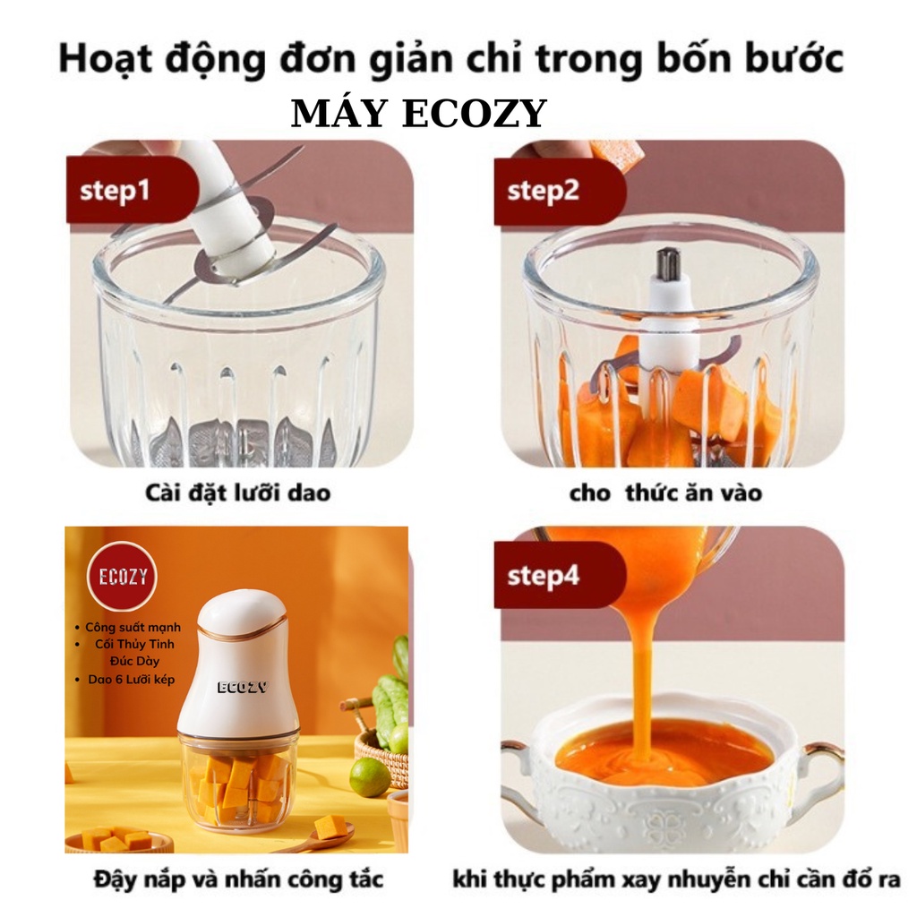Máy xay mini ECOZY 6 Lưỡi cối thủy tinh máy xay ăn dặm cho bé, xay thịt cháo sinh tố tỏi ớt 300ml