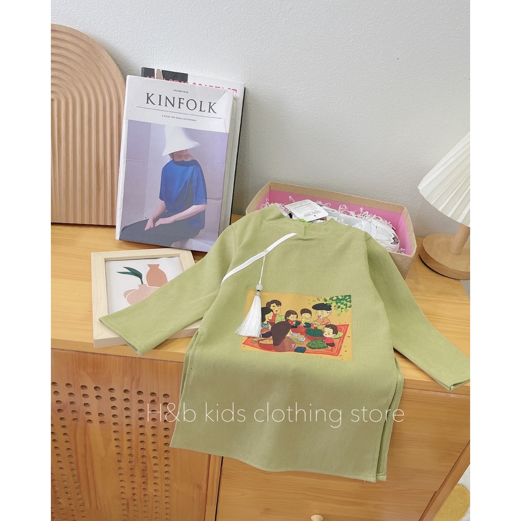 Áo dài cách tân chất nhung lì mềm 4 màu in hình Tết cực đẹp cho bé Namkidshop