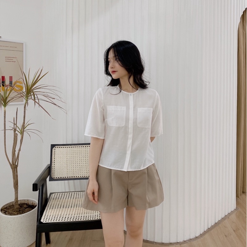 Áo Sơ Mi Nữ HYN Thiết Kế Cổ Tròn Phối Túi Chất Đũi Tơ Nhẹ Mát