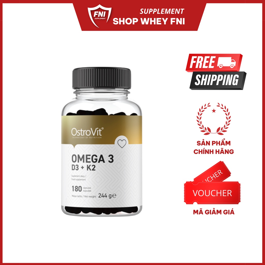 Omega 3 D3 k2 OstroVit, 90 viên, + 12mg vitamin E Hỗ Trợ Não, Xương Khớp Đẹp Da, 3 Trong 1