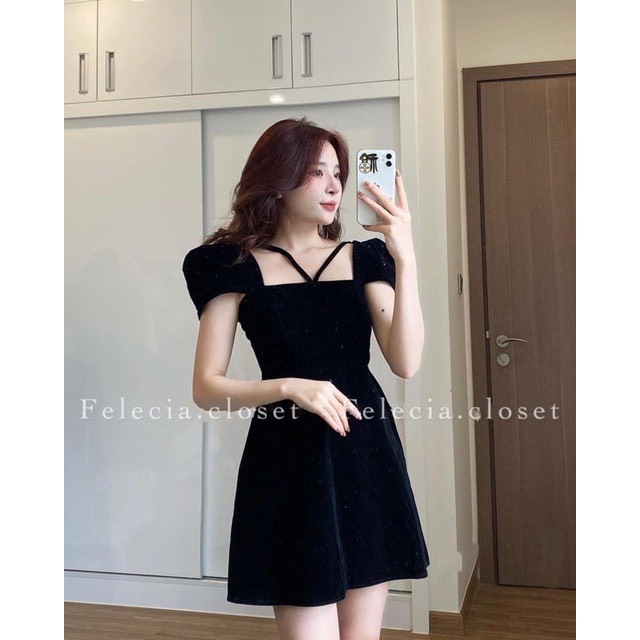 [12/12 Sale Fresship] Đầm chất nhung cổ vuông tay ngắn đi chơi dạo phối,đầm thời trang đi tiệc dáng xòe siêu xinh mtb