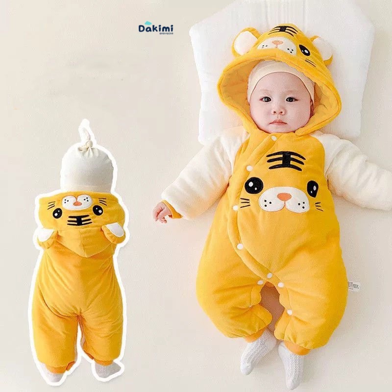 Bodysuit cho bé dài tay DAKIMI kèm mũ HÌNH HỔ ấm áp, body NỈ BÔNG cho bé trai bé gái mẫu quần áo sơ sinh cho bé 0-12M
