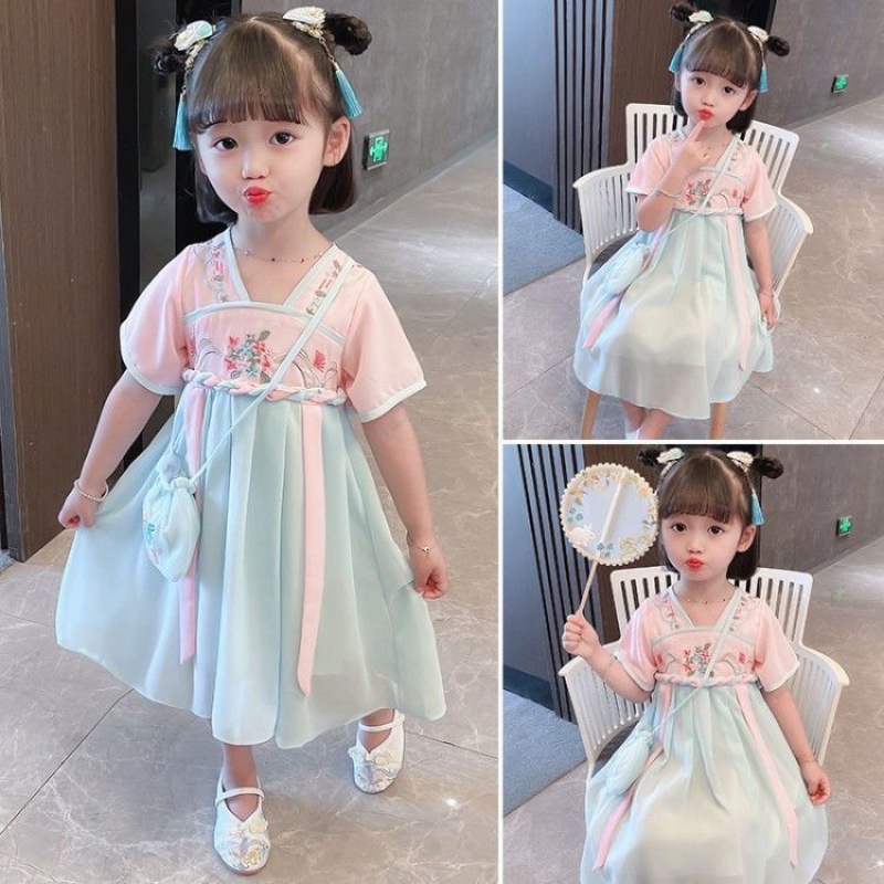 Đầm Hán Phục Vải Voan Tay Ngắn Phong Cách Trung Hoa Cổ Điển Dành Cho Bé Gái