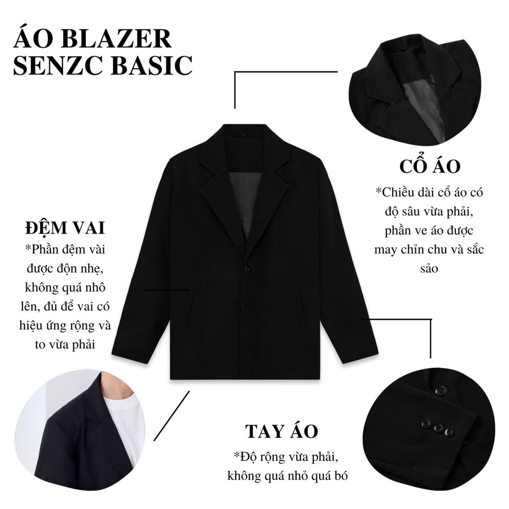 Áo khoác blazer nam SENZC, có đệm vai, hai lớp, chất vải kaki cao cấp, basic, vest, đen