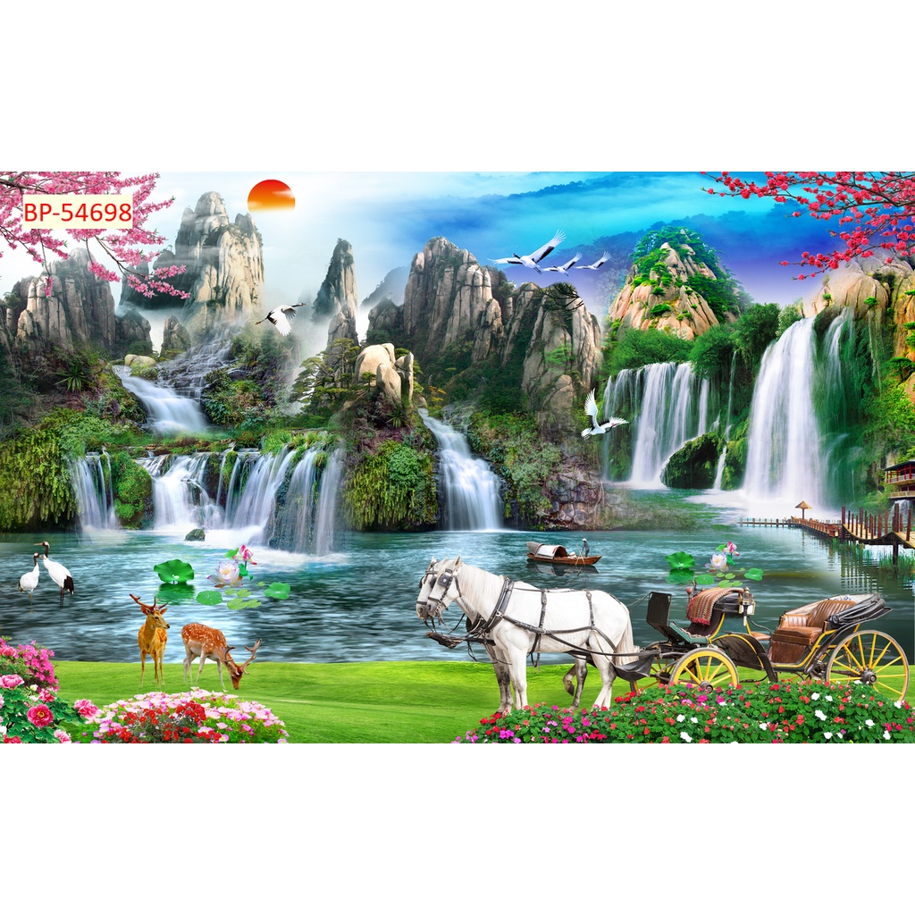 Tranh SƠN THUỶ vải lụa dán tường phong cảnh thiên nhiên phòng khách, phòng ăn, phòng ngủ