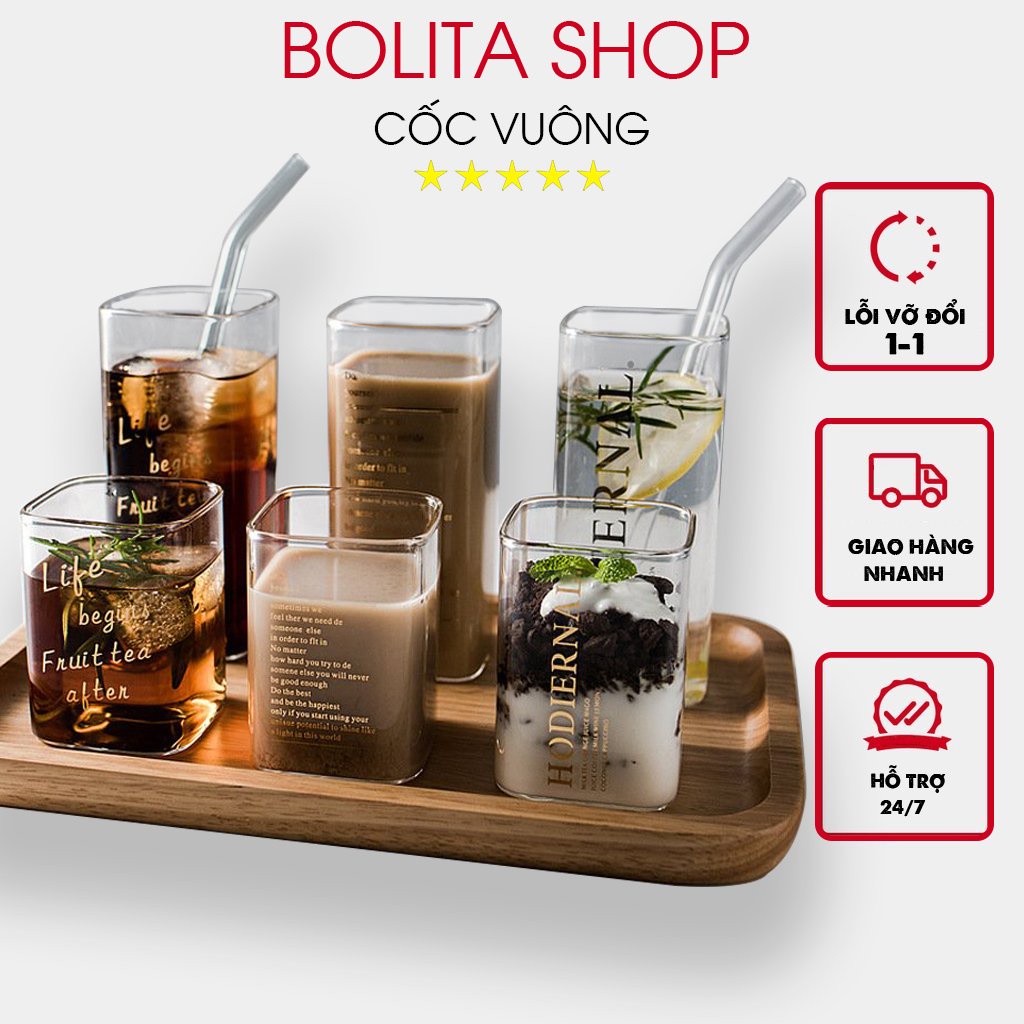 Ly uống nước thủy tinh vuông dễ thương cute 300-400ml cốc thủy tinh chịu nhiệt ly vuông decor trong suốt OUOUDECOR C99