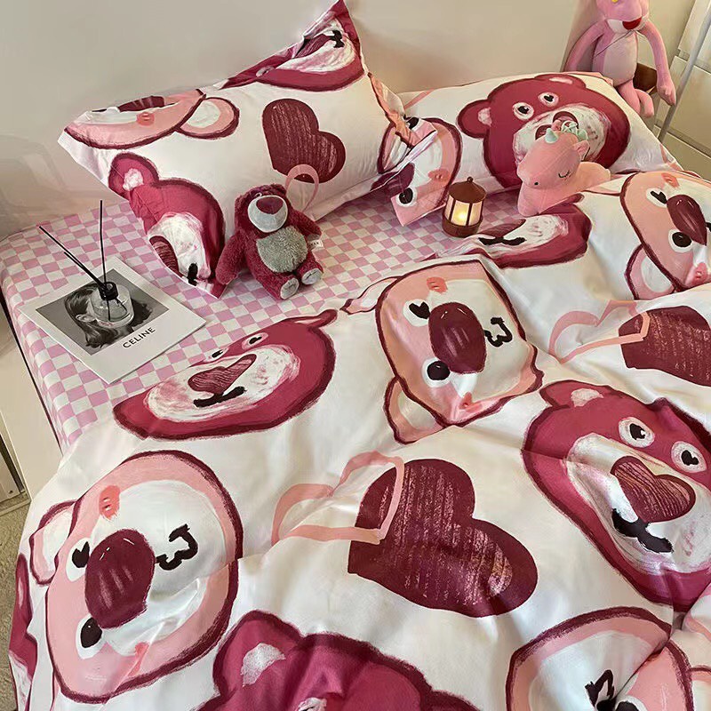 Bộ chăn ga gối Cotton poly M2T bedding gồm vỏ chăn mền, drap ga giường và 2 vỏ gối nằm họa tiết Gấu đỏ | BigBuy360 - bigbuy360.vn