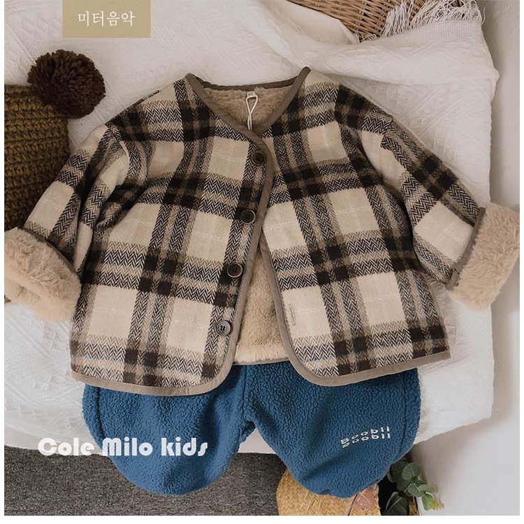Áo Khoác Len Cotton Lót Lông Cừu Dáng Rộng Họa Tiết Kẻ Sọc Phong Cách Hàn Quốc Thời Trang Thu Đông Mới Cho Bé Trai Và Gái