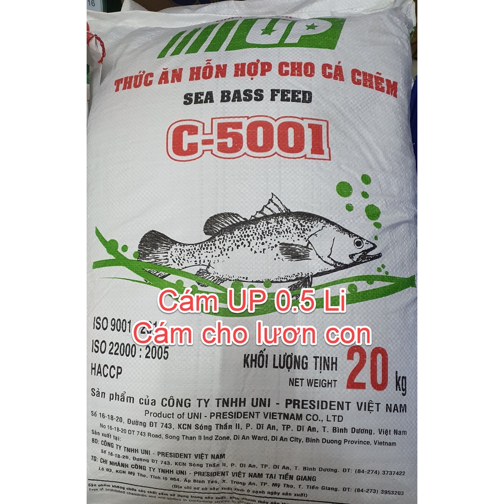 Cám UP 0.5 li Cho lươn con và lươn bột - Cám UP cá chẽm 0.5 Li 44% Đạm - Cám UP C-5001 chỉ đỏ sản xuất ở tiền giang