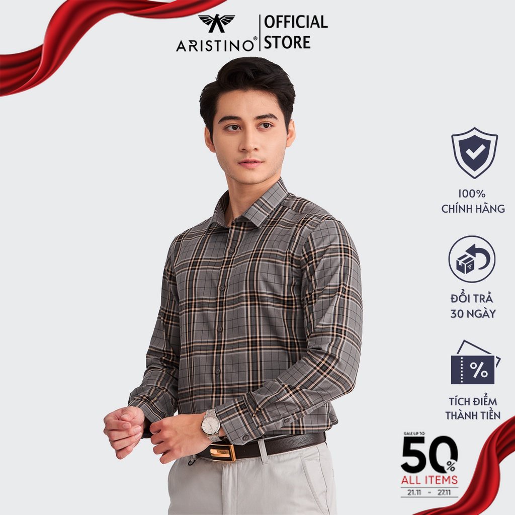 (Mẫu mới) Áo sơ mi nam dài tay ARISTINO họa tiết xám kẻ vàng tinh tế, thanh lịch - ALS11902