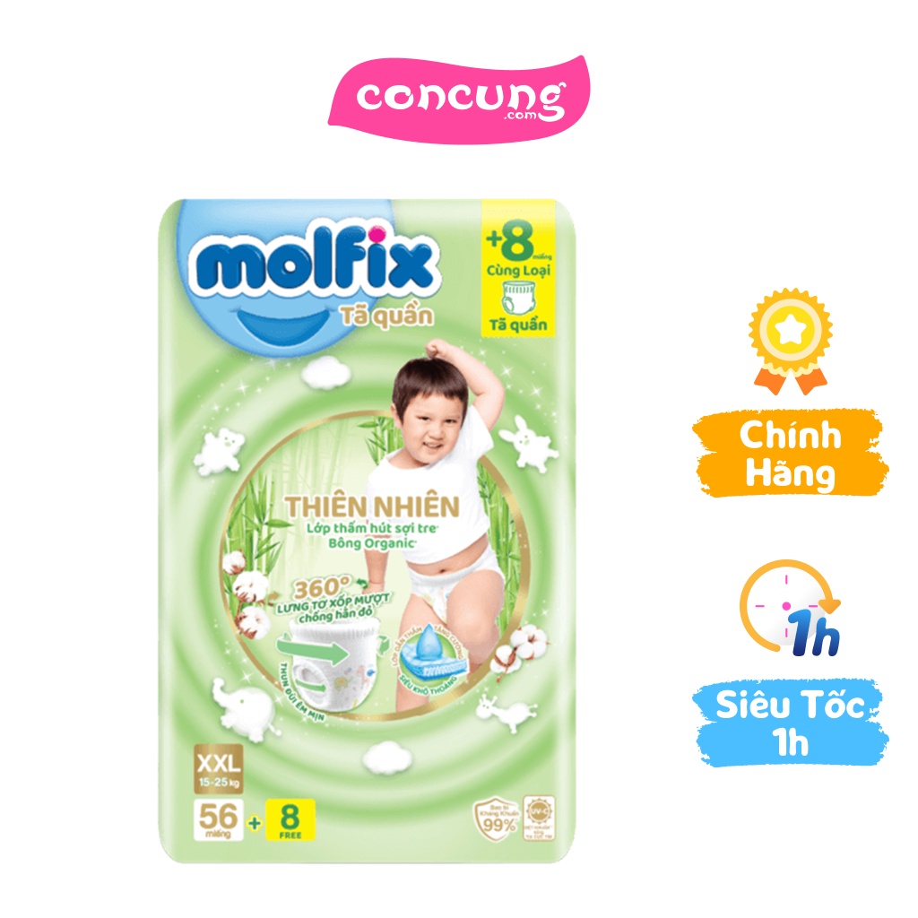 Bỉm tã quần Molfix thiên nhiên size XXL 15-25kg 56 miếng