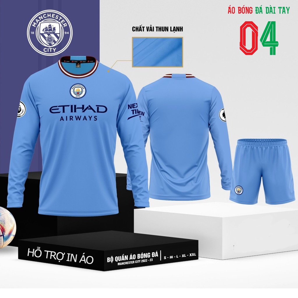 Bộ Quần Áo Bóng Đá Thun Thái Dài Tay CLB Manchester City Xanh Dương Viền Đỏ