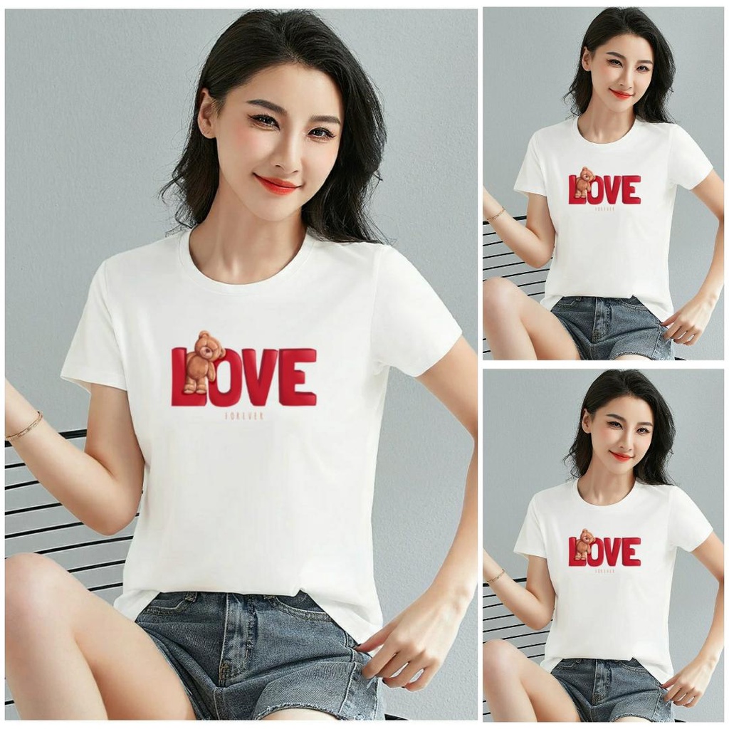 Áo thun nữ cổ tròn form suông vừa in Gấu chữ Love thun cotton 4 chiều từ 40-55kg ( ANU083 )