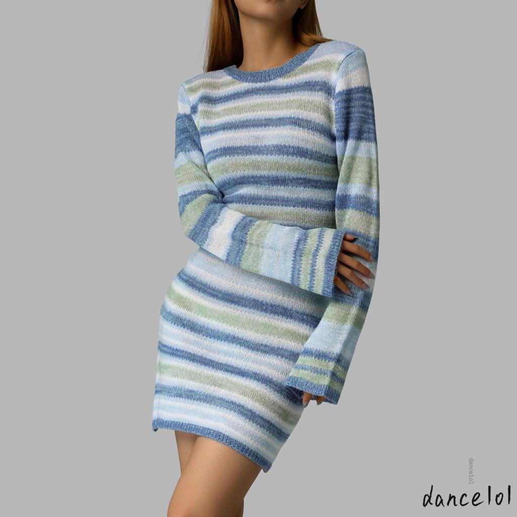 Đầm Tay Dài Cổ Tròn Hoạ Tiết Kẻ Sọc 1O1