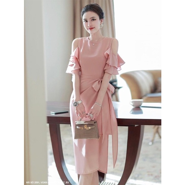 (Có size) Đầm VOAN LỤA cổ tròn trễ vai hồng pastel nhẹ nhà nữ tính