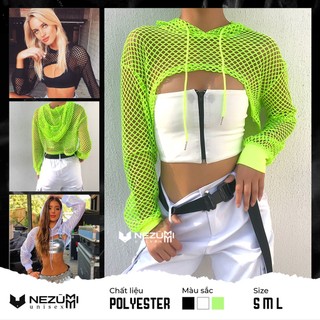 (Sẵn đen) Áo croptop hở ngực ren lưới xanh neon có mũ, áo tập gym nhảy cá tính