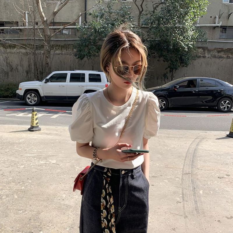 Áo sơ mi tay ngắn cổ tròn tay phồng ulzzang