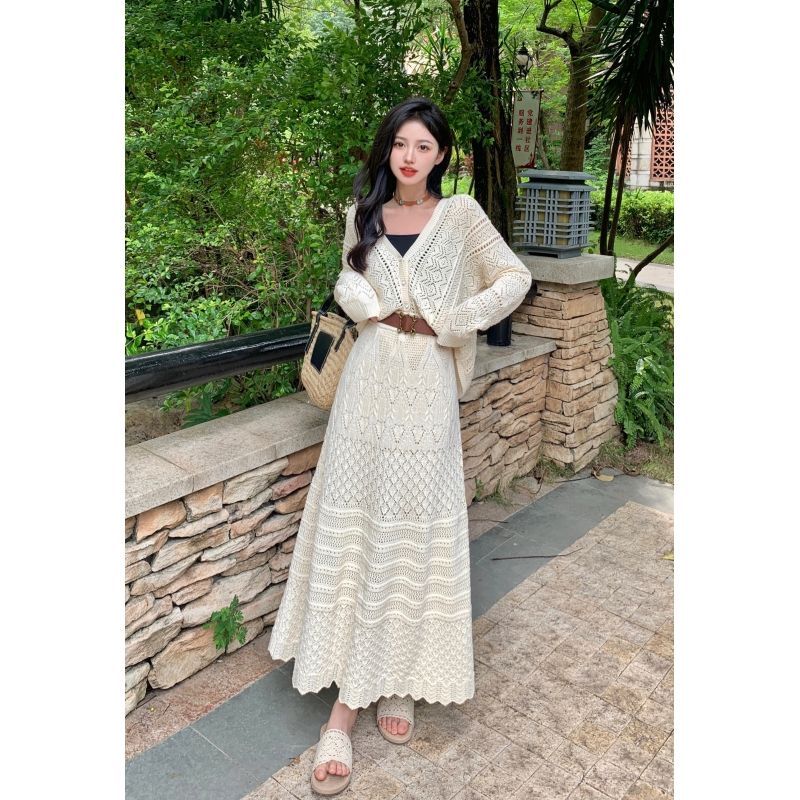 Kumikumi Áo Khoác Cardigan Dệt Kim Rỗng Dáng Dài Eo Cao Thời Trang Mùa Thu Dành Cho Bạn Nữ