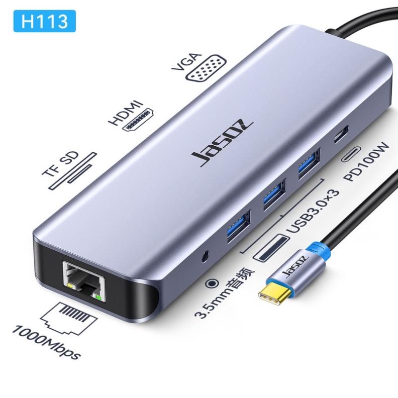 Đế cắm Type-C bộ nguồn 10 trong 1 USB3.0 *3 +3.5AV + VGA + HDMI + DP + SD + TF + Gigabit RJ45 JASOZ H113