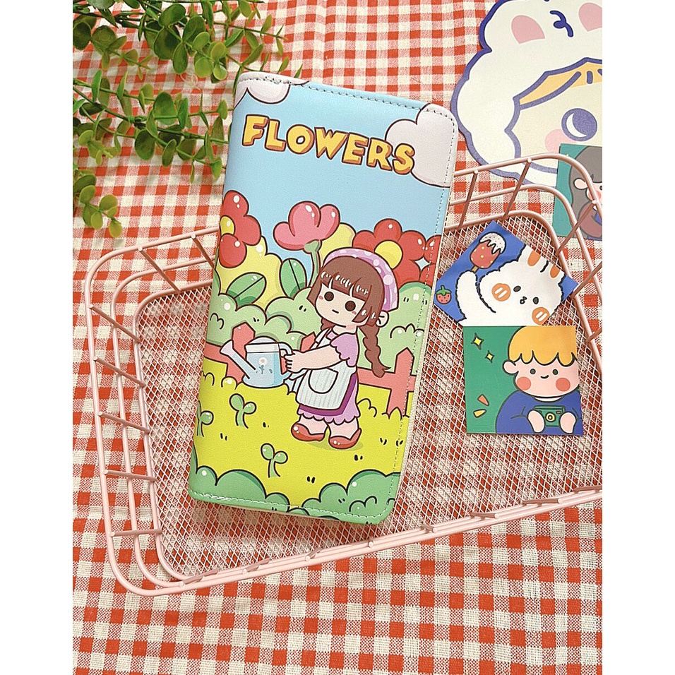 Ví Dài Cầm Tay, Bóp Cầm Tay Nữ Họa Tiết Hoạt Hình Cute Nhiều Ngăn Khóa Kéo Vàng