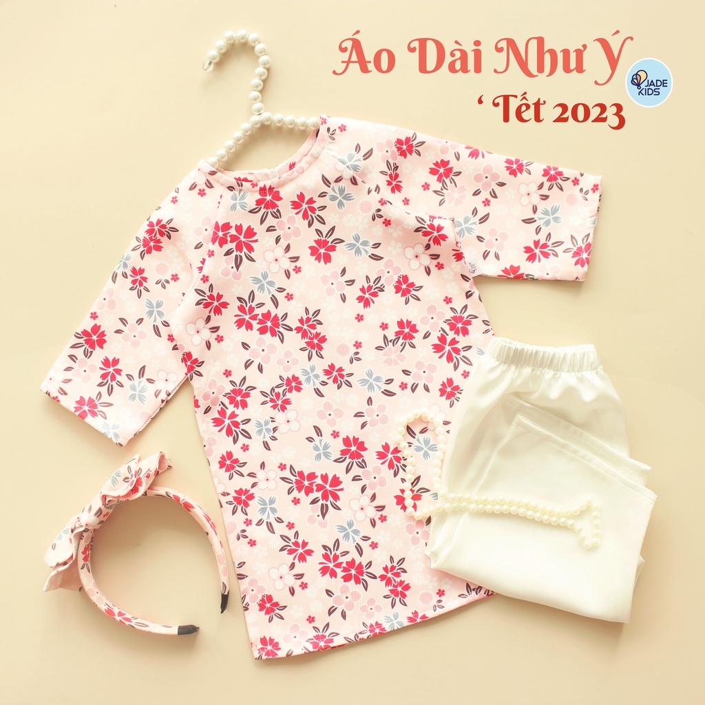 Áo dài cách tân cho bé Áo dài tết Như Ý Hồng 2023 TẶNG kèm bờm xinh cho bé chất liệu vải nhung tăm mềm họa tiết hoa xinh