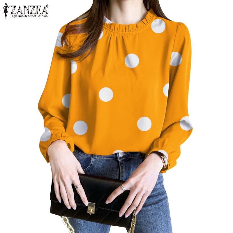 Zanzea Áo Kiểu Cổ Đứng Tay Phồng In Họa Tiết Chấm Bi Xinh Xắn Thời Trang Cho Nữ