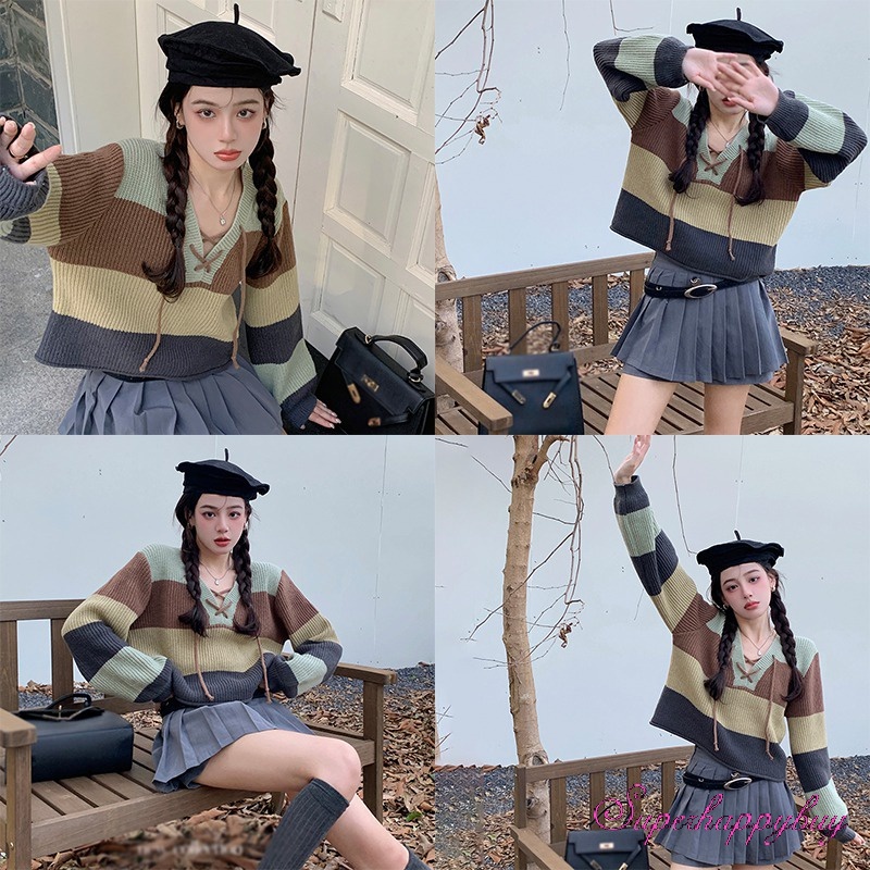 Áo Sweater Dệt Kim Tay Dài Dáng Rộng Kẻ Sọc Màu Sắc Tương Phản Thời Trang Cho Nữ