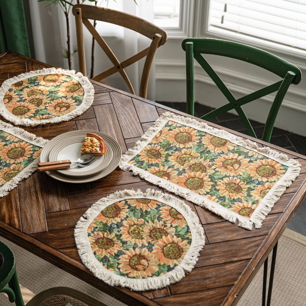 Khăn trải bàn vintage hoa tiết hoa hướng dương decor bàn ăn đựng dụng cụ ăn uống