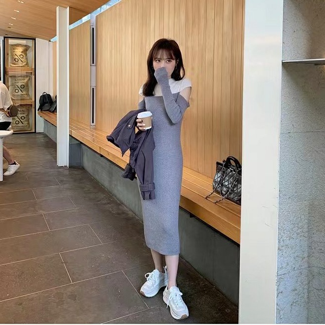 Đầm SUXI tay dài dệt kim ôm dáng phối hai màu cổ điển thời trang thu đông dành cho nữ