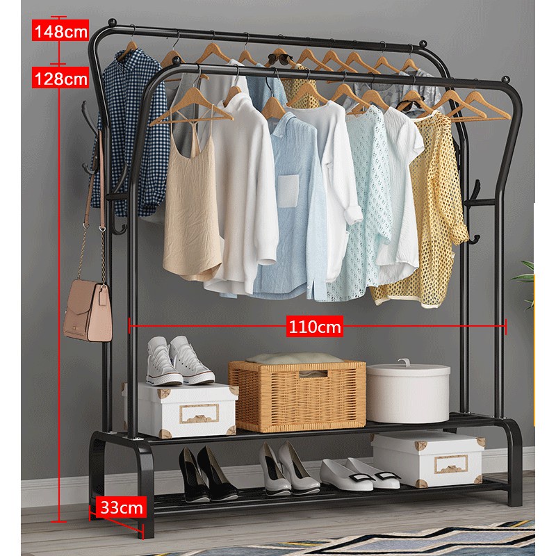 Kệ Tủ Quần Áo, Giá Treo Quần Áo 2 Khung 2 Tầng Có Móc Treo Túi Tiện lợi