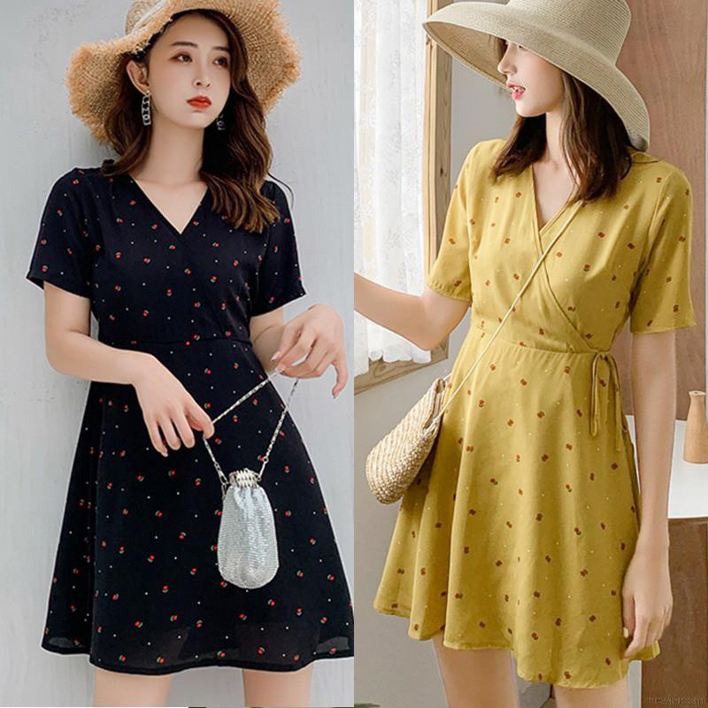 Đầm Ngắn Cổ Chữ V Cộc Tay Đắp Tà Buộc Eo Họa Tiết Hoa Thời Trang Nữ Trẻ Trung