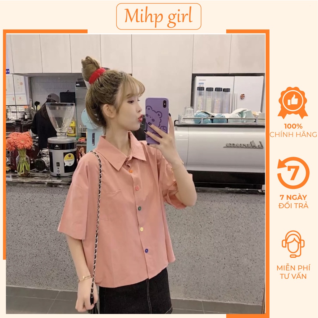 Áo sơ mi croptop nữ tay ngắn form rộng cúc cầu vồng