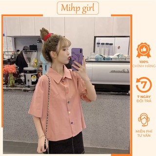 Áo sơ mi croptop nữ tay ngắn form rộng cúc cầu vồng